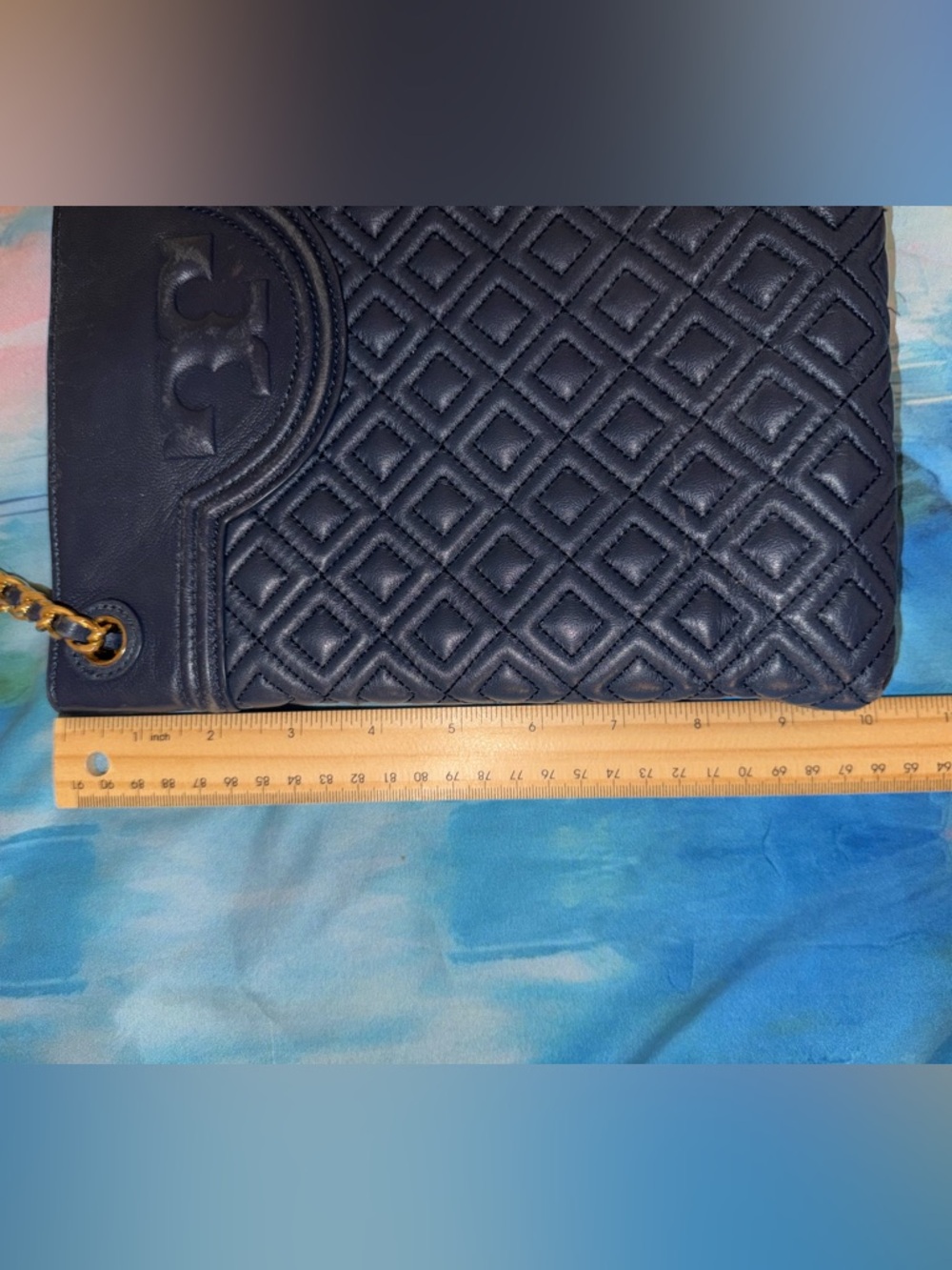Tory Burch Fleming Swingpack Quilted Leather Chain Shoulder Bag Crossbody Navy - Picture 9 of 10
